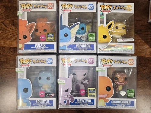6pk- Rare Flocked/Diamond/PC Pokémon Funkos In Protectors