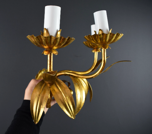 Par de apliques de luces de pared de triple hoja Hollywood Regency Hans Kcheid - Imagen 9 de 9