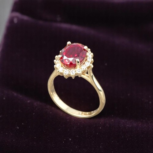 Engagement Ring 14k Yellow Gold Ruby Lab Grown Diamond 3.90 Carat Oval Cut - Picture 6 of 15