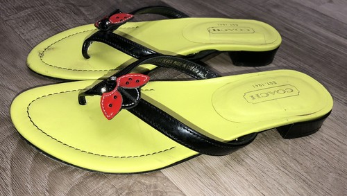 Coach Marla Lady Bug Sandals 7 M Neon Green Black Patent Leather Flip Flop Italy - Bild 2 von 14