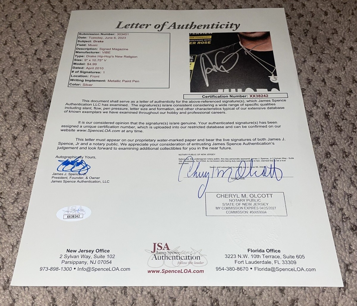 DRAKE SIGNED 2010 VIBE MAGAZINE JSA AUTOGRAPH AUBREY GRAHAM