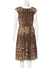 Dolce and Gabbana Leopard Print Midi Dress Cap Sleeve Pleated Skirt M/8/44IT