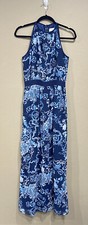 Anthropologie Sabine Long Maxi dress Blue Floral Sleeveless Sz Small High Neck S