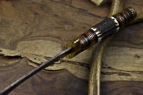 Ashen Edge Forged Kukri Knife Twist Damascus Stag Antler Brass Guard Camping - Picture 6 of 8