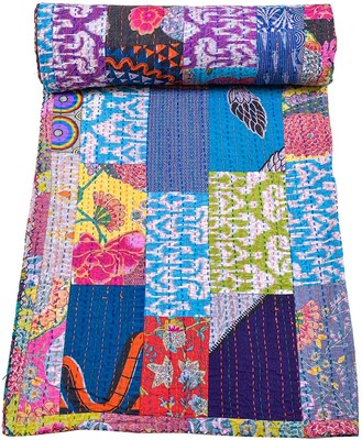 Handmade Quilt Vintage Blue Fruit Kantha Bedspread Throw Cotton Blanket Gudri Handmade Quilt Vintage Blue Fruit Kantha Bedspread Throw Cotton Blanket Gudri