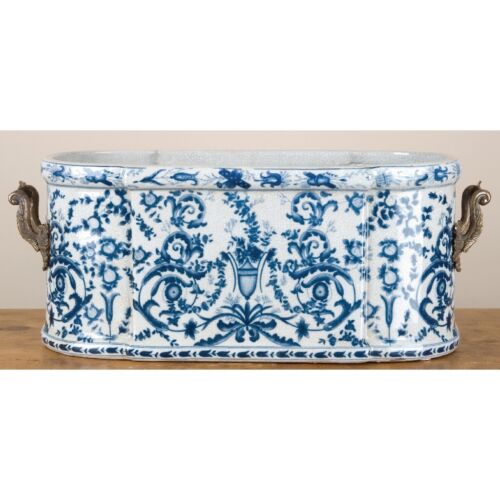 XL Blue & White Chinoiserie Foot Bath Cachepot Planter 22"L - Picture 2 of 6
