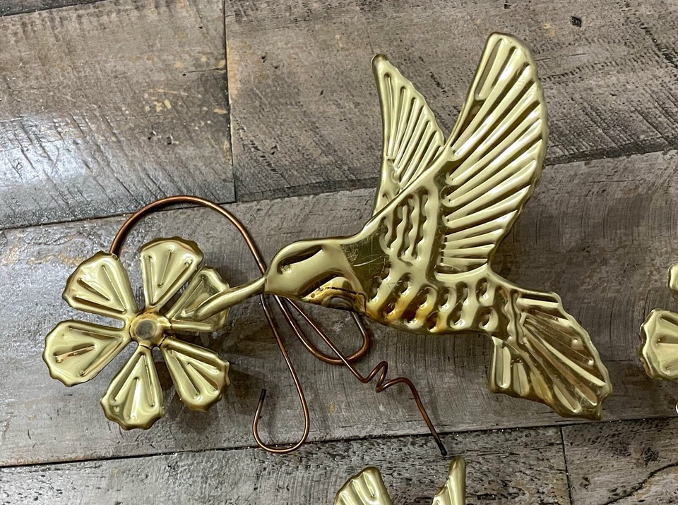 Vintage Brass Hummingbird & Flowers Set Of 3 Metal Wall Hangings Home