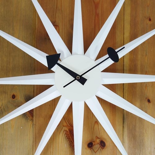 George Nelson Daiva Sunburst Clock White Wood Steel Mid-Century Reproduction - Picture 5 of 7