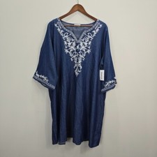 Anthropologie Kindred Dress 3X Blue Chambray Peasant Boho Embroidered Western
