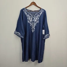 Anthropologie Kindred Dress 3X Blue Chambray Peasant Boho Embroidered Western