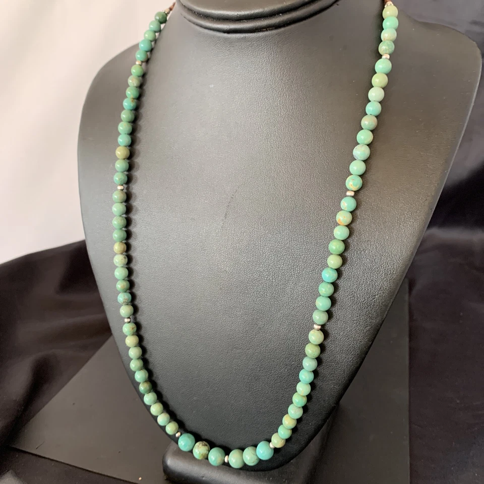 Royston Green Turquoise Shell Heishi Navajo Sterling Silver Necklace 23” 10918 - Image 3 of 4