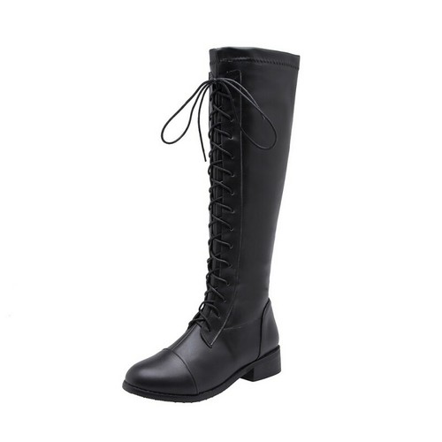 Women's Lace Up Low Heel Round Toe Stretch Mid Calf Knee High Boot Shoes 34-54 D - Picture 7 of 26