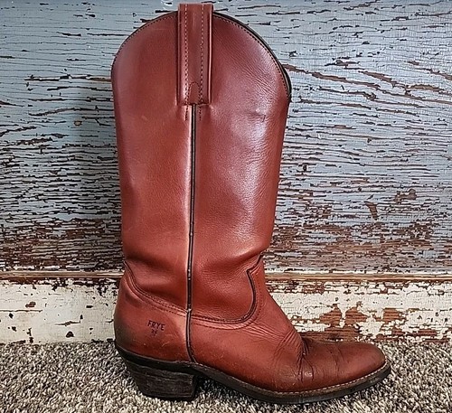 FRYE Boots Reddish Leather Cowboy Western Mens 9 D VTG 15" Tall Wedge Heel USA - Picture 5 of 11