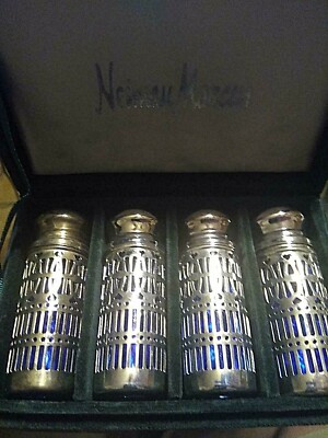 Vintage Neiman Marcus Cobalt Blue Glass Silver Salt And Pepper 4 Shakers Set Vintage Neiman Marcus Cobalt Blue Glass Silver Salt And Pepper 4 Shakers Set