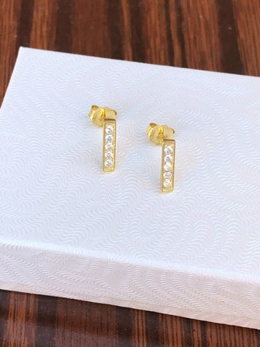925 Sterling Silver Cz Bar Stud Earrings Mens Womens Tiny Post Studs 10mm Gold