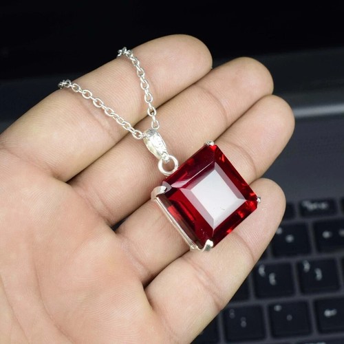 82 Ct Red Topaz Pendant Sterling Silver Square Cut Gemstone Jewelry Pendant - Picture 4 of 6