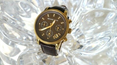 MICHAEL KORS GOLD TONE,BROWN CROC LEATHER BAND,CRYSTAL,CHRONOGRAPH