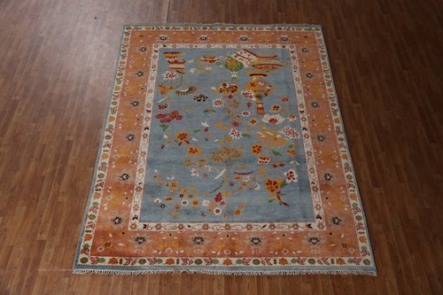 Tappeto indiano floreale fatto a mano blu art deco 8x10 annodato a mano per soggiorno - Foto 3 di 17