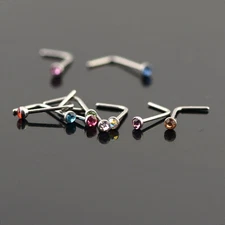 Nose Ring L Shaped Stainless Steel Stud with 2mm Rhinestone 