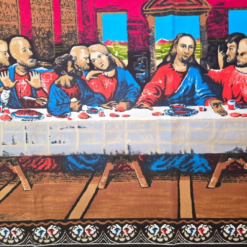 Tapiz turco vintage de la última cena 57,5" x 39" alfombra tejida a mano colgante de pared - Imagen 4 de 15