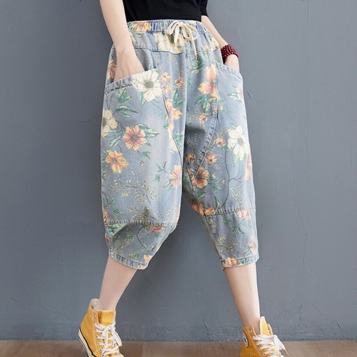 Women Floral Printed Denim Baggy Ethnic Jeans Cropped Trousers Harem Pants - Picture 6 of 13