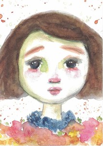 Original Mixed Media Watercolor Girl Flowers Artist Art Pencil