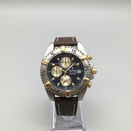Festina Chrono Bike Watch Men 41mm Silver Gold Tone Date Leather New Battery - Picture 2 of 15