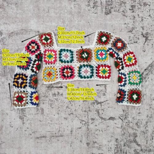 T-shirt donna estiva all'uncinetto manica lunga crop top copricostume nonna quadrata - Foto 3 di 6