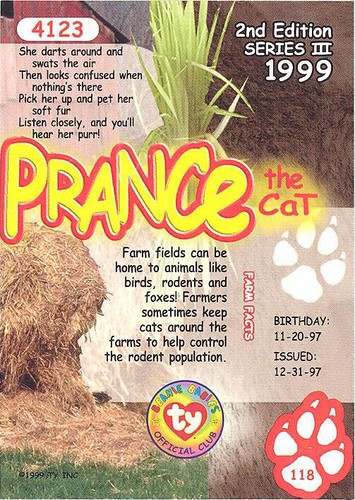 TY Beanie Babies BBOC Card Series 3 Common Prance the Cat NM/Mint - Picture 2 of 2