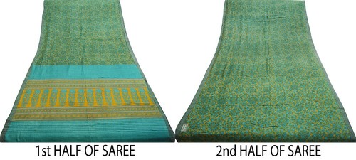Vintage Green & Mustard Heavy Saree Pure Woolen Woven Printed Indian Sari Soft - Picture 14 of 14