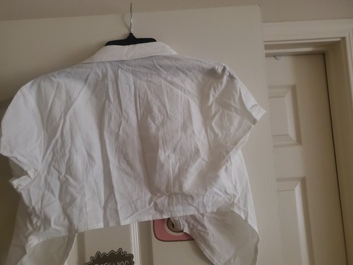 Junior Large Crop Tops Off Ivory White Button Blouse Sexy - Picture 3 of 6