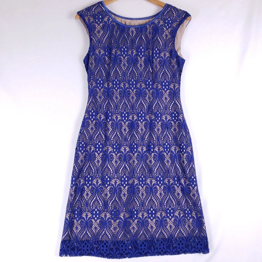 VETEMENTS Connected Apparel Blue Lace Overlay Sheath Dress Sz 10 Cap Sleeve Lined Elegant
