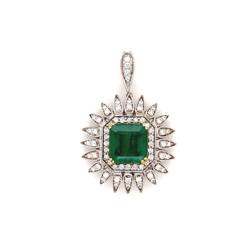 Green Emerald & Diamond Pendant Earring and Ring Set 18K White & Yellow Gold - Picture 9 of 12
