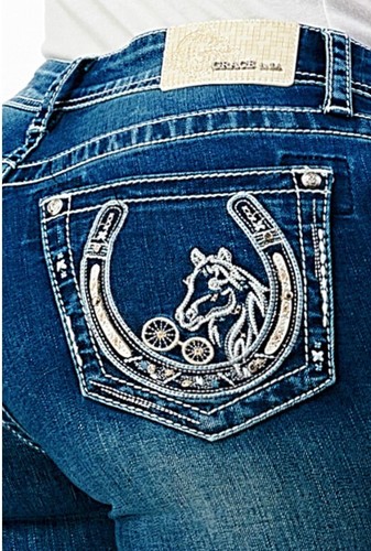 Pantalones de mezclilla para mujer Grace in LA Western Horse bordados elásticos corte bota