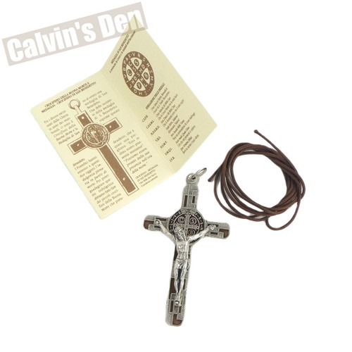 St Benedict Medal Crucifix Cross Pendant Necklace Silver Tone Brown Enamel Italy - Picture 2 of 5