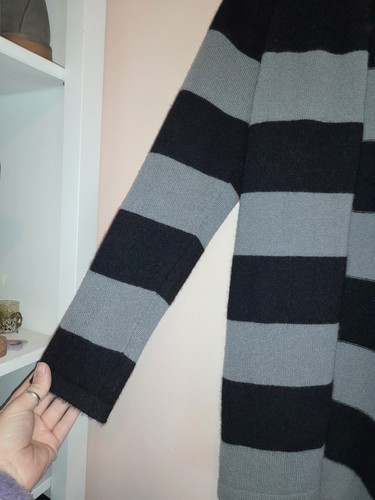 100% Pure Cashmere Cardigan Hekla 14 Grey Black Stripe Longline Soft - Picture 4 of 5