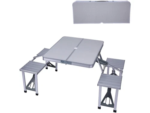 Folding Camping Table Chair Set with 4 Seats Umbrella Hole for Party, BBQ, Beach