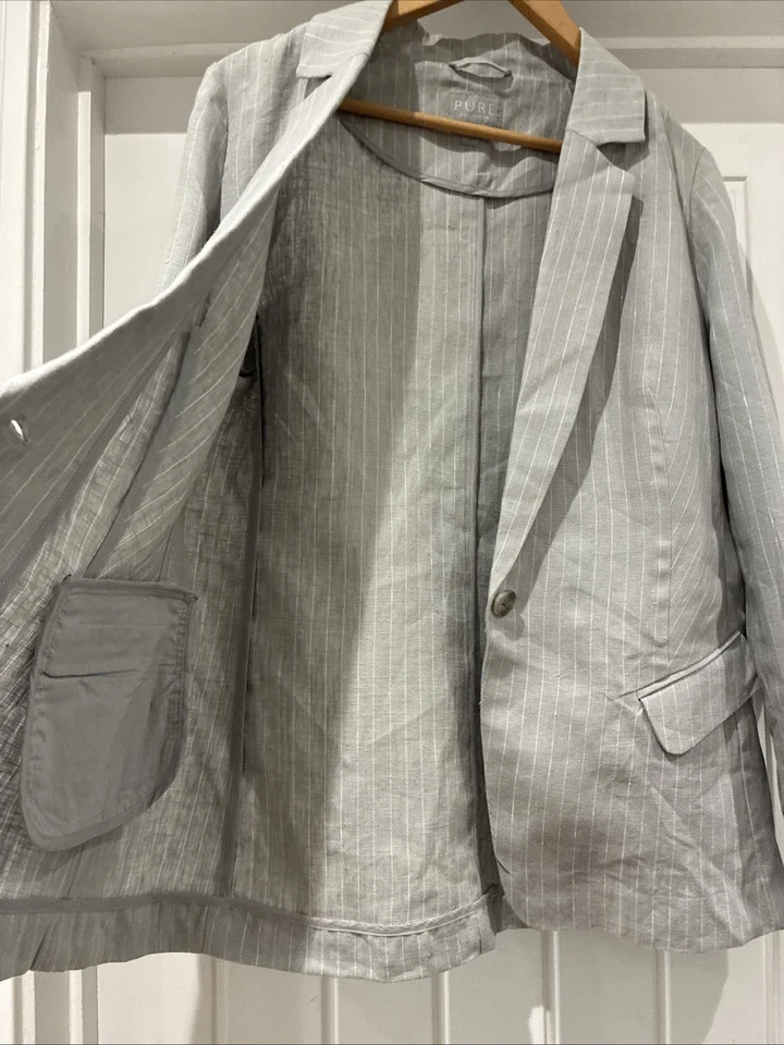 Pure Collection Blazer Jacket Linen Grey Stripe Size UK 18 1 Button Lightweight - Image 2 of 4