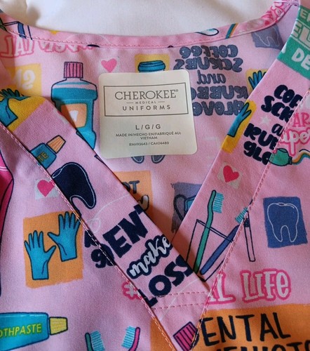 Cherokee Dental Dentist Scrub Work Top Pink Size Large V-Neck, Short Sleeves - Picture 8 of 10
