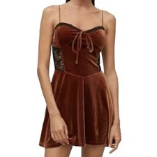 Urban Outfitters Faith Velvet Mini Slip Dress Brown Black Lace Whimsigoth Y2K M
