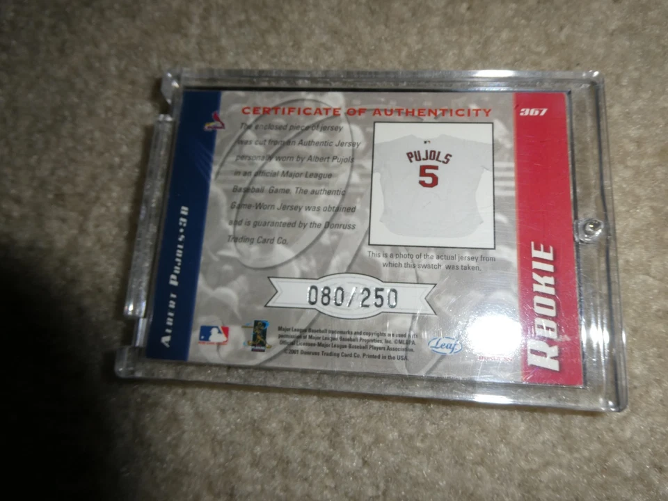 HTF 2001 Leaf Limited Albert Pujols Rookie Card with Jersey Swatch /250 - Image 2 of 2
