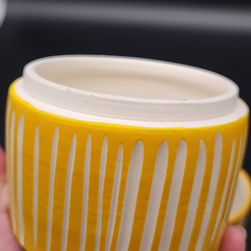 Signed Set of 2 Ceramic Lidded Jar & Cup Yellow Etched Kitchen Bathroom Storage - Picture 14 of 20