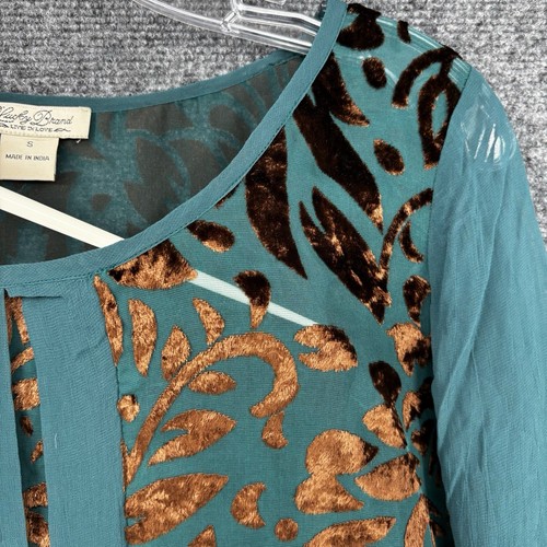 Lucky Brand Women’s Small Green & Brown Floral Velvet Burnout Top Sheer Whimsy - Picture 8 of 12
