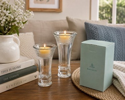 PartyLite Clarity Aqua Glass Taper Tealight Holders Set 2 w Boxes EUC