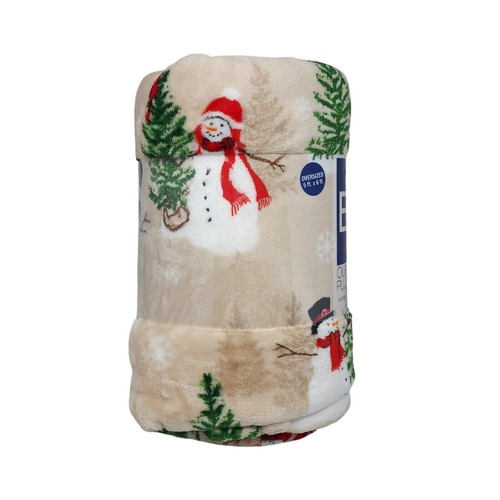 The Big One Oversized Holiday Plush Throw Blanket 5'x6' Yuletide Snowmen Tan - Picture 3 of 9