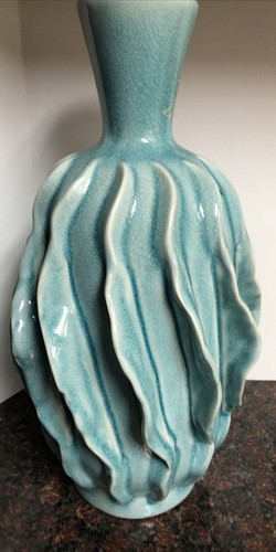 16” Merope Medium Handmade Folk Art Vase Teal Blue Mist Color Crackle Style - Picture 3 of 6