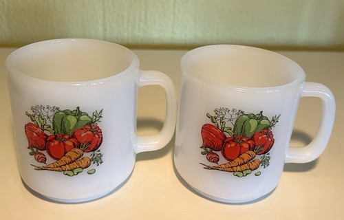 2-Vintage Glasbake Milk Glass Mug With Vegetable Garden Design Approx. 3.5” - Picture 1 of 8