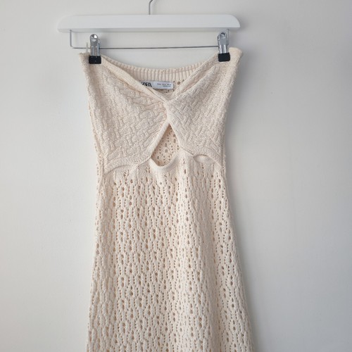 Zara Cream Midi Crochet Summer Dress Bandeau Cotton Size M Medium 10 12 - Picture 3 of 11