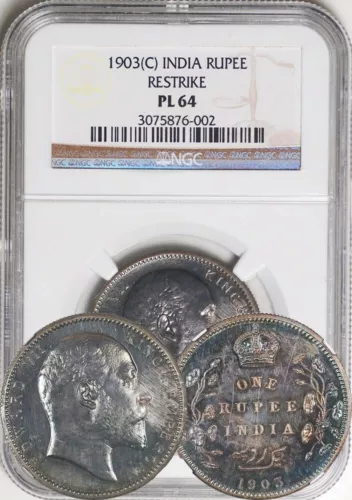 British India 1903 Proof Restrike Rupee NGC PL-64. Rainbow!