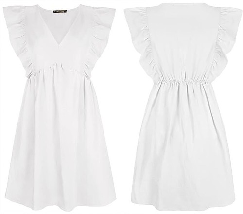 Women's Summer Casual Babydoll Mini Dress Ruffle Sleeveless Deep V Neck Dress - Picture 2 of 8